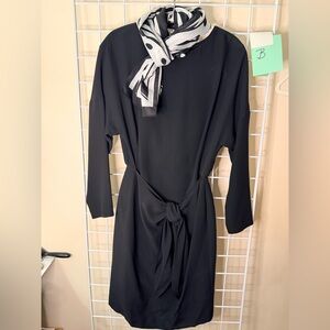 Ellen Tracy Black Long Sleeve Tie-Waist Silk Dress